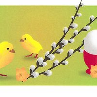 Kuvassa pääsiäistipuja, muna ja pajunoksia.
