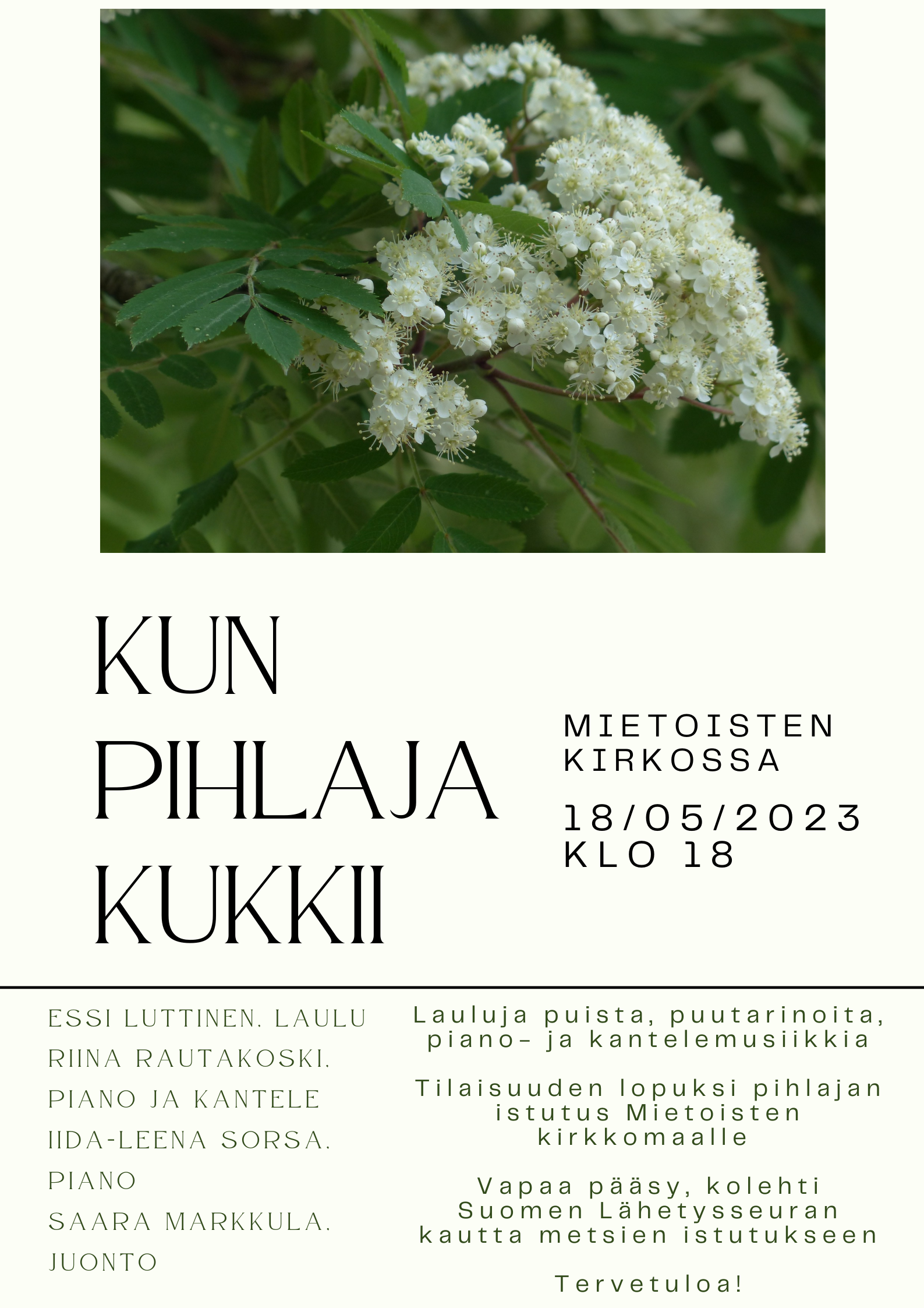 Kun pihlaja kukkii -konsertti Mietoisten kirkossa 18.5.2023 klo 18