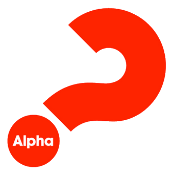 Kuvassa Alfa-kurssin logo, jossa iso punainen kysymysmerkki.