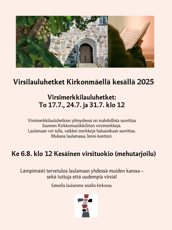 Kesäiset virsimerkkilauluhetket kirkonmäellä Kesän 2025 virsilauluhetket kirkonmäellä