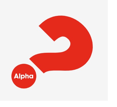 Kuvassa alfa-kurssin punainen kysymysmerkki-logo.