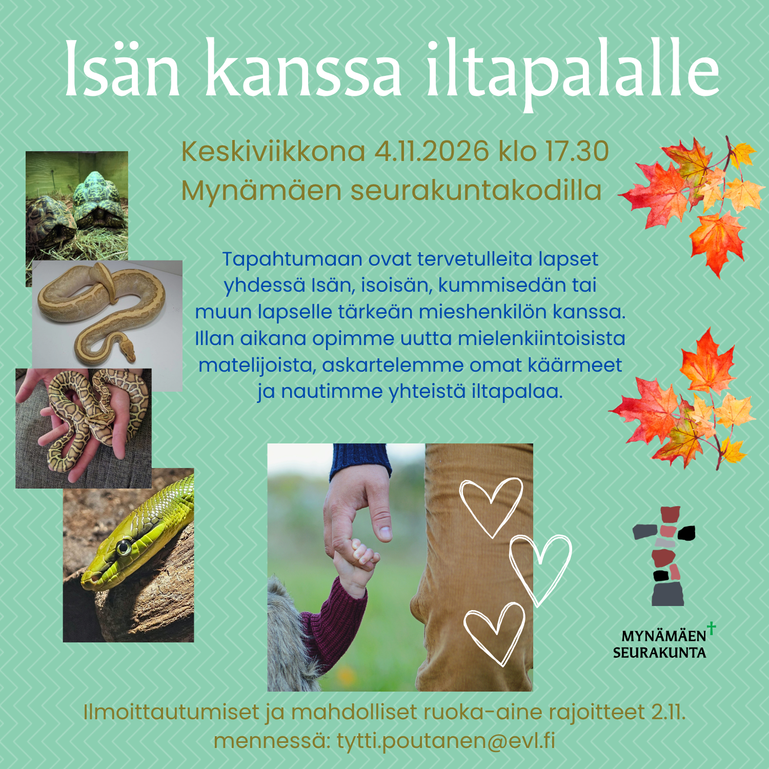 Illan aikana opitaan uutta mielenkiintoisista matelijoista, askarrellaan omat käärmeet ja syödään yhdessä iltapalaa