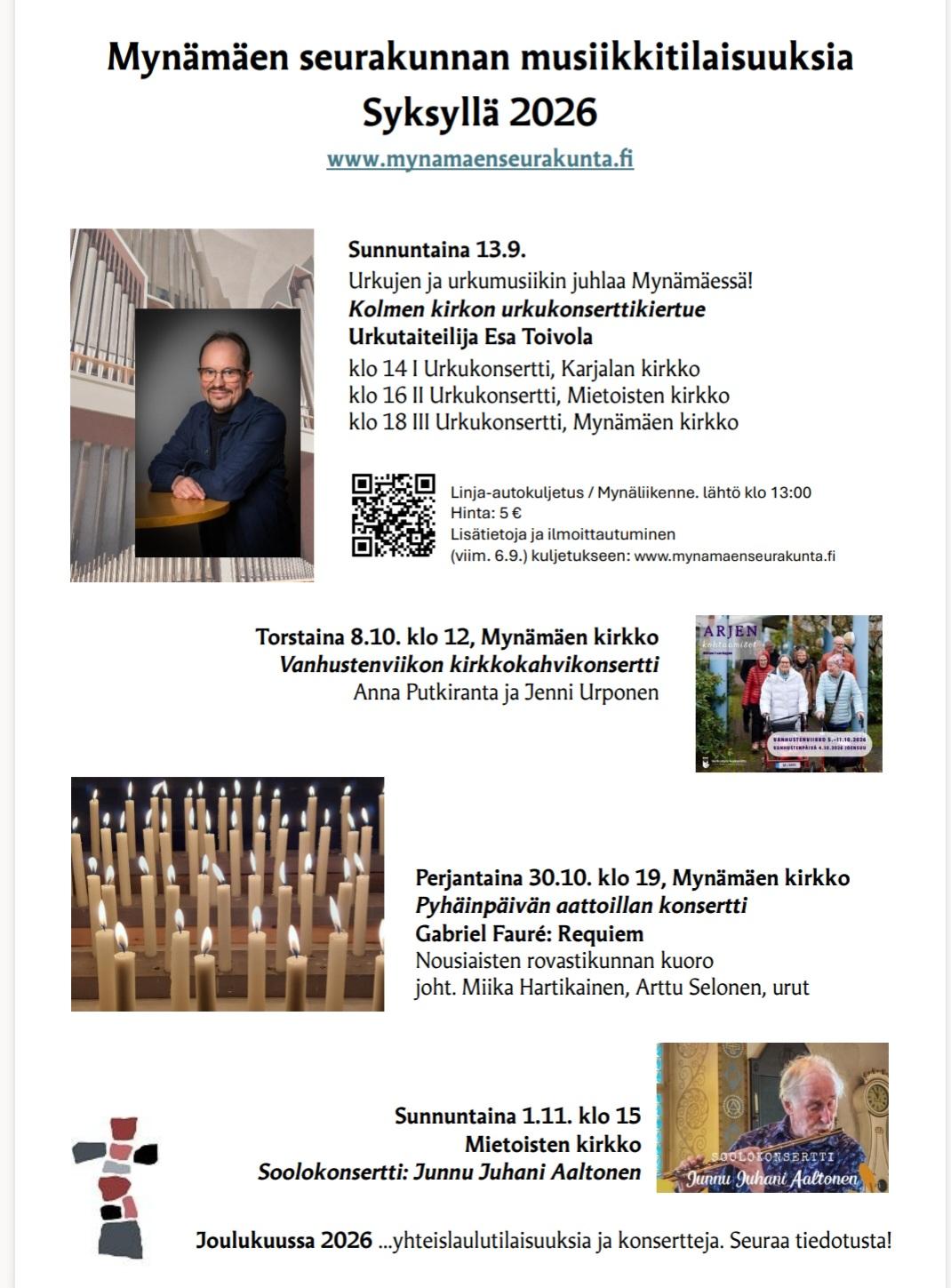 Mynämäen seurakunnan konserttijuliste, syksy 2026